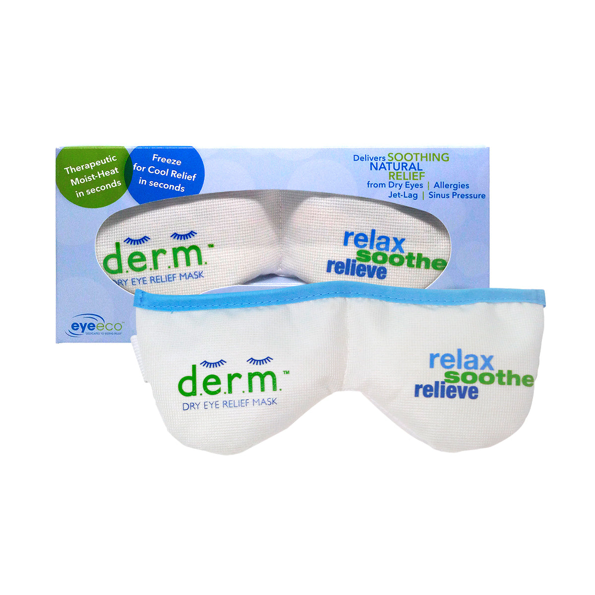 The EyeEco D.E.R.M. Dry Eye Relief Mask by PRN is a white and blue eye mask with relax soothe relieve on its packaging. It highlights moist-heat therapy for dry eyes, allergies, and sinus pressure, offering hypoallergenic comfort for ultimate relaxation and relief.