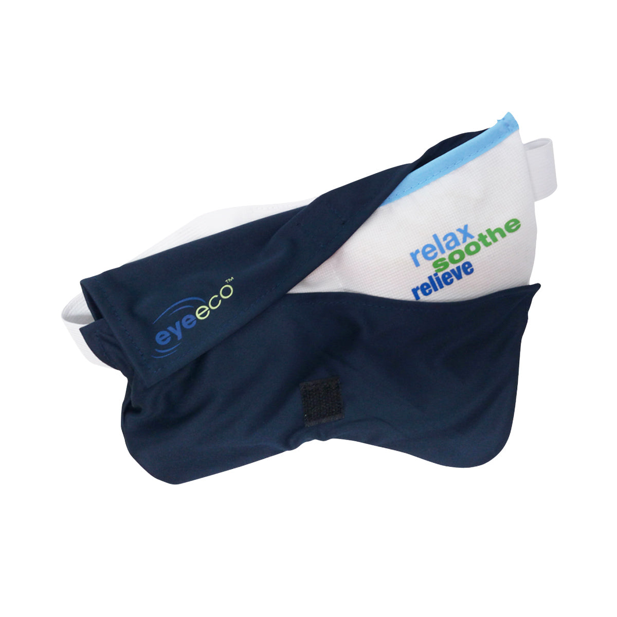 The EyeEco D.E.R.M. Eye Relief Mask by PRN features a dark blue outer layer with a white part saying relax soothe relieve in blue and green. eyeeco is on the blue section, and it has an adjustable white strap, offering soothing moist-heat for dry eye relief with a hypoallergenic design.