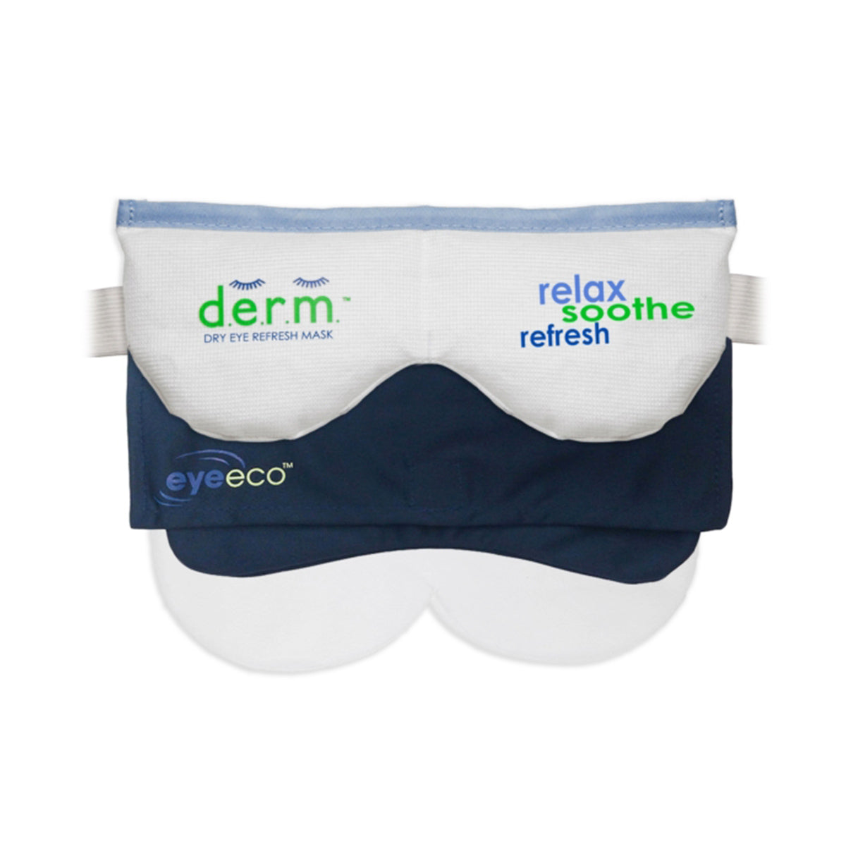 The EyeEco Eye Relief Mask D.E.R.M. by PRN features a dual-layer design: one dark blue with eyeeco and one white inscribed with derm. DRY EYE REFRESH MASK and relax soothe refresh in blue and green. Both layers provide hypoallergenic comfort with elastic straps for dry eye relief.