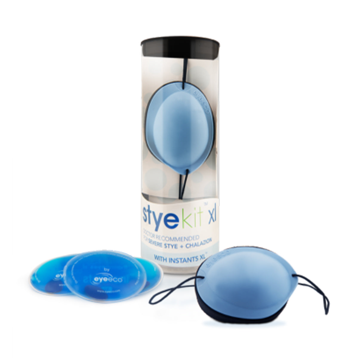 The image shows a transparent cylindrical package of the EyeEco Eyelid Stye Kit (XL - Blue) by PRN, featuring a blue eye mask with black straps and two eyeeco gel packs. This reusable compress is designed for moist heat therapy, perfect for treating styes and chalazia.