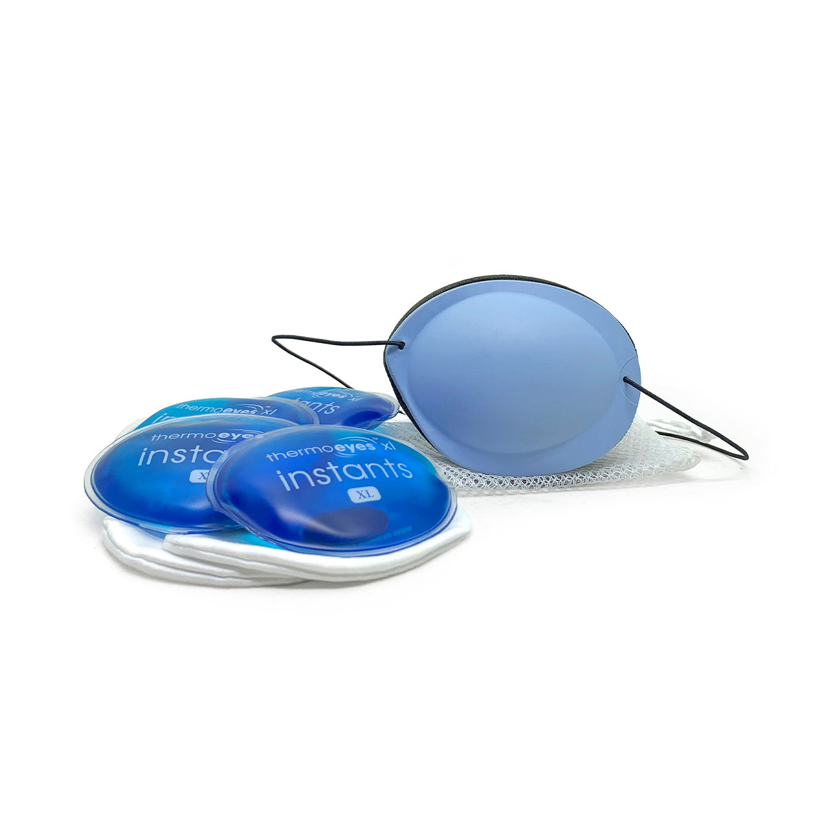 The EyeEco Eyelid Stye Kit (XL - Blue) by PRN features blue-tinted round glasses with thin wire frames beside several reusable blue gel eye pads, all neatly arranged on a white surface.