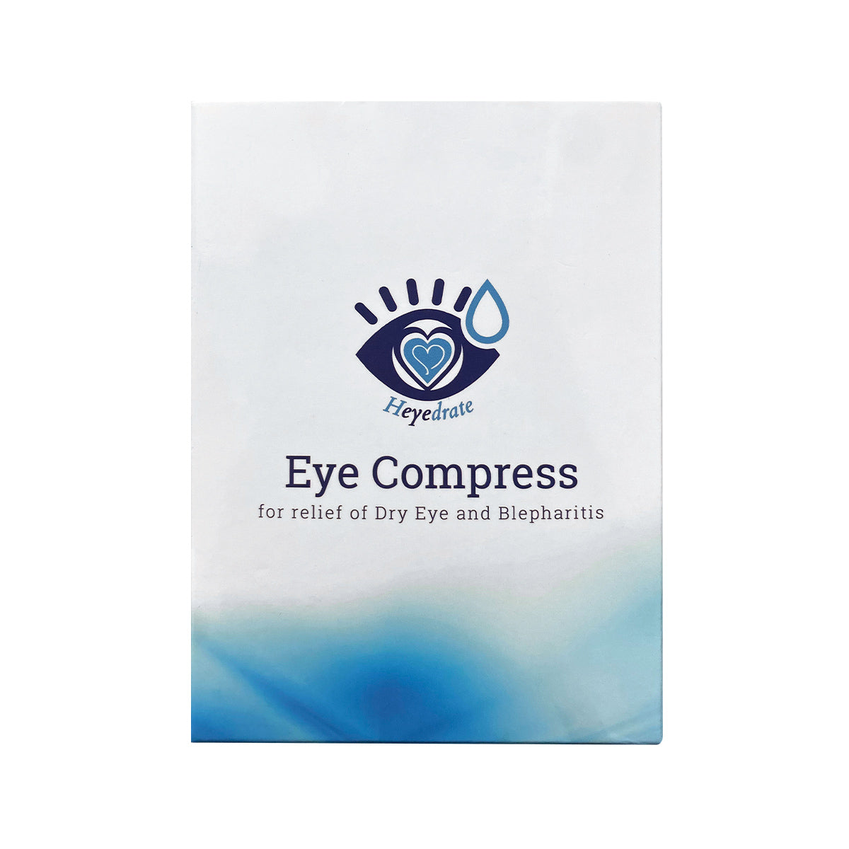 The Heyedrate Warm Compress Eye Mask by PRN offers reusable hot and cold therapy for dry eyes, puffiness, and sinus relief. Its packaging features a white box with a blue eye logo and teardrop, accented by a blue gradient bottom, symbolizing warmth and care.