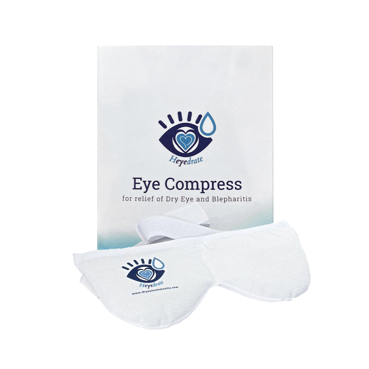 The Heyedrate Warm Compress Eye Mask by PRN features a white cloth design with a blue eye and teardrop logo. Its reusable for soothing hot or cold therapy, providing relief for dry eyes, puffiness, and sinus issues.