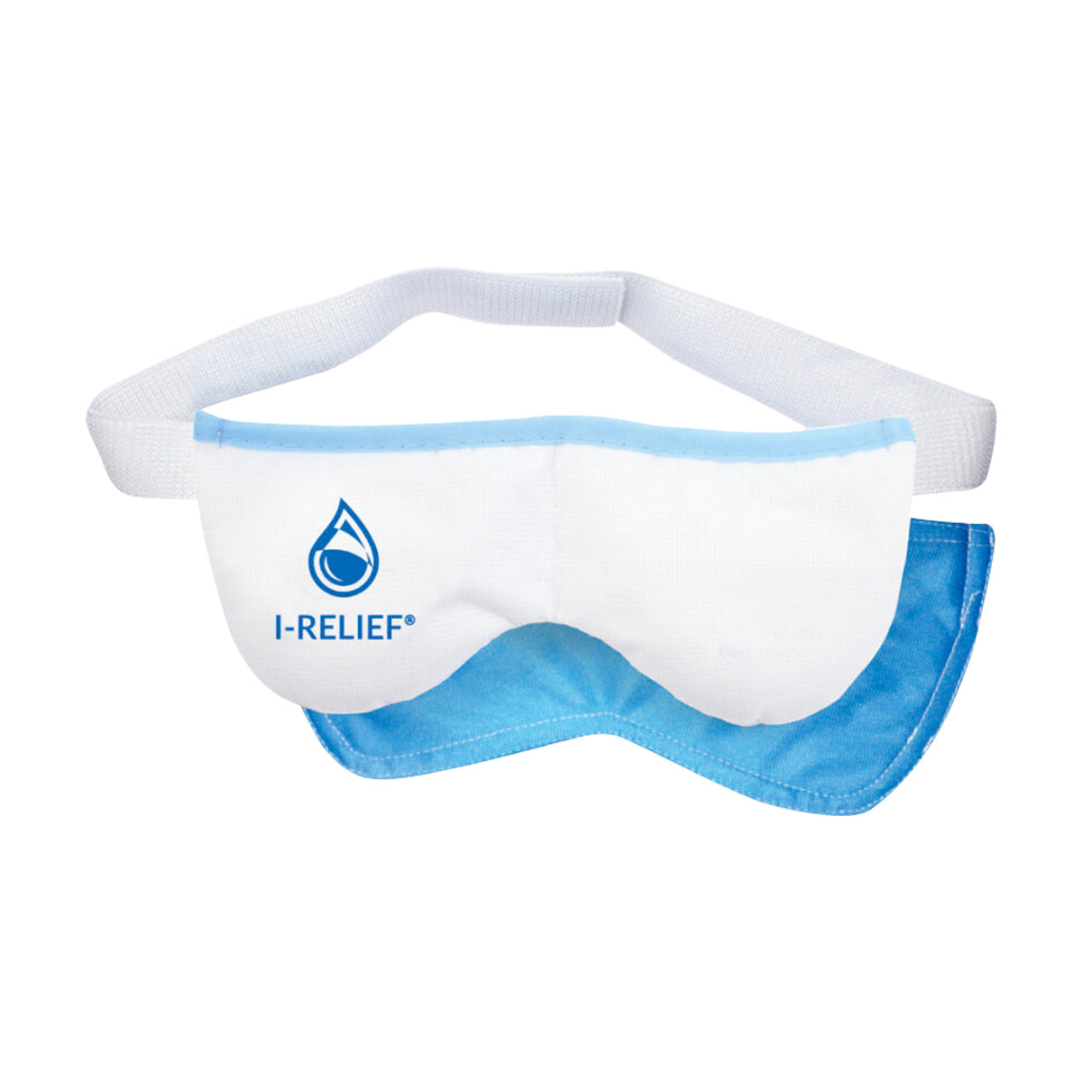 The I-Med Pharma I-RELIEF™ Hot & Cold Therapy Eye Mask features a water drop logo and I-RELIEF text in white and blue, designed for blepharitis treatment. It provides dry eye relief with an adjustable white strap and soft blue lining.