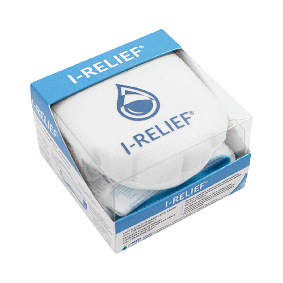 A clear plastic box contains an I-Relief™ item with a blue teardrop logo. The white and blue packaging highlights its dual function as the I-RELIEF™ Hot & Cold Therapy Eye Mask from I-Med Pharma, designed to alleviate dry eye, blepharitis, MGD, styes, and puffiness.