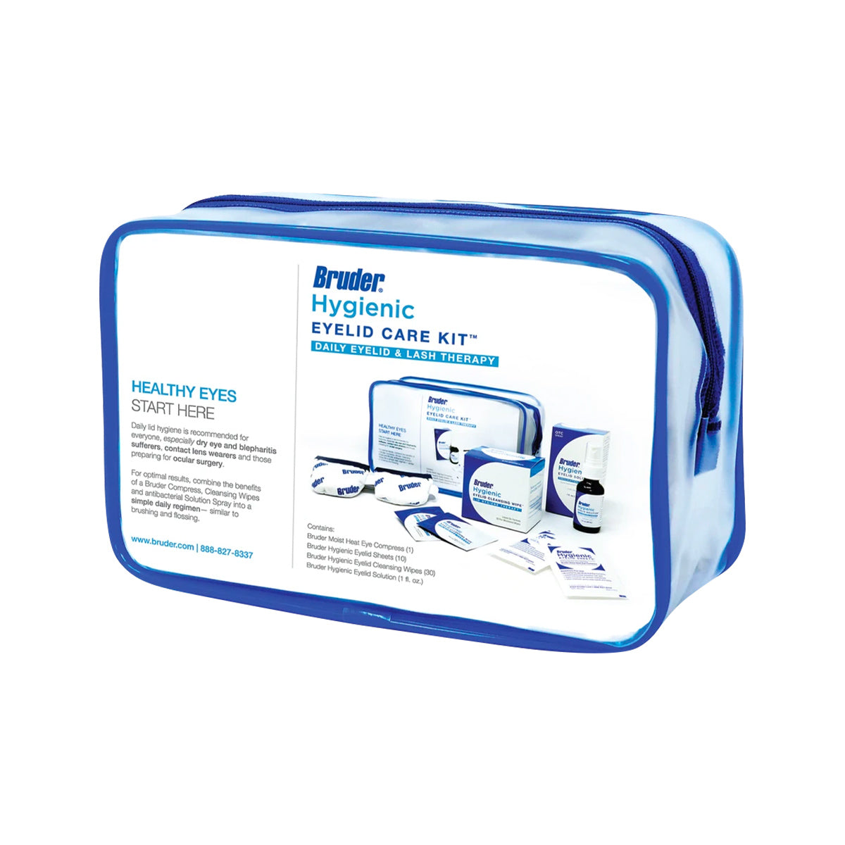 The Bruder Hygienic Eyelid Care Kit from Bruder provides daily therapy for dry eye and blepharitis, packed in a clear, zippered pouch with essentials for maintaining healthy eyes.