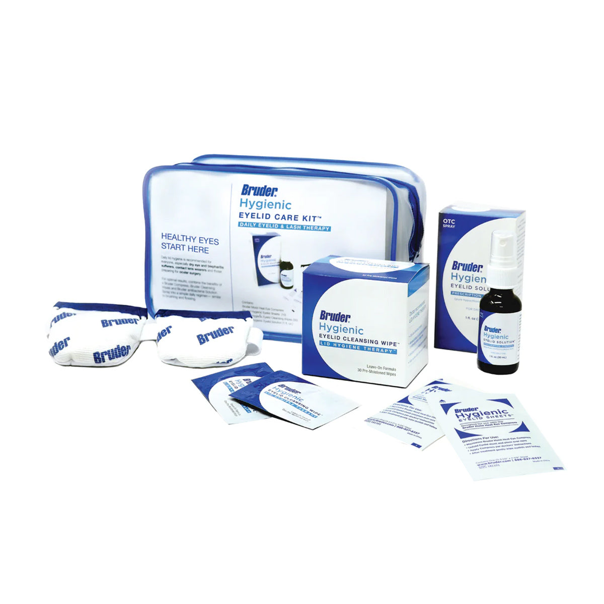 The Bruder Hygienic Eyelid Care Kit, perfect for blepharitis and dry eye management, features an eye mask, pads, cleansing wipes, a box, pamphlets, and a spray bottle in stylish white and blue packaging.