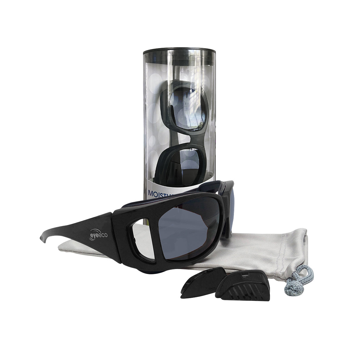 The EyeEco Large Moisture Release Eyewear by PRN, featuring a matte black frame and gray lenses, is showcased with a cylindrical case. It includes a white drawstring pouch and adjustable strap, providing anti-fog clarity and comfort in a sleek, modern design.