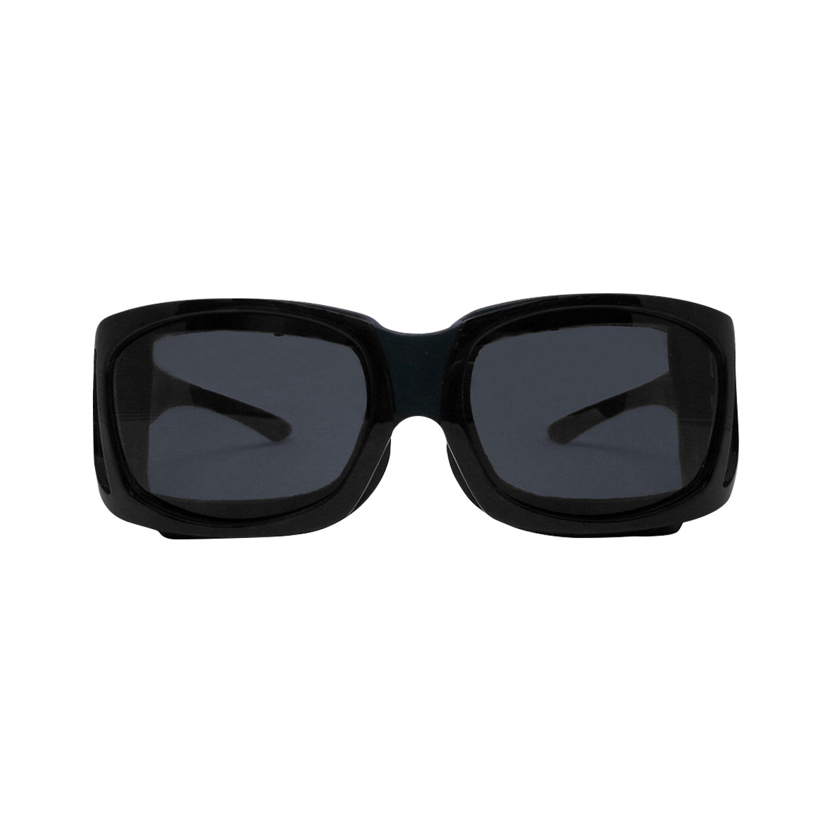 The EyeEco Large Moisture Release Eyewear by PRN, in matte black with gray lenses, features thick frames and an anti-fog coating, showcased frontally against a white background.