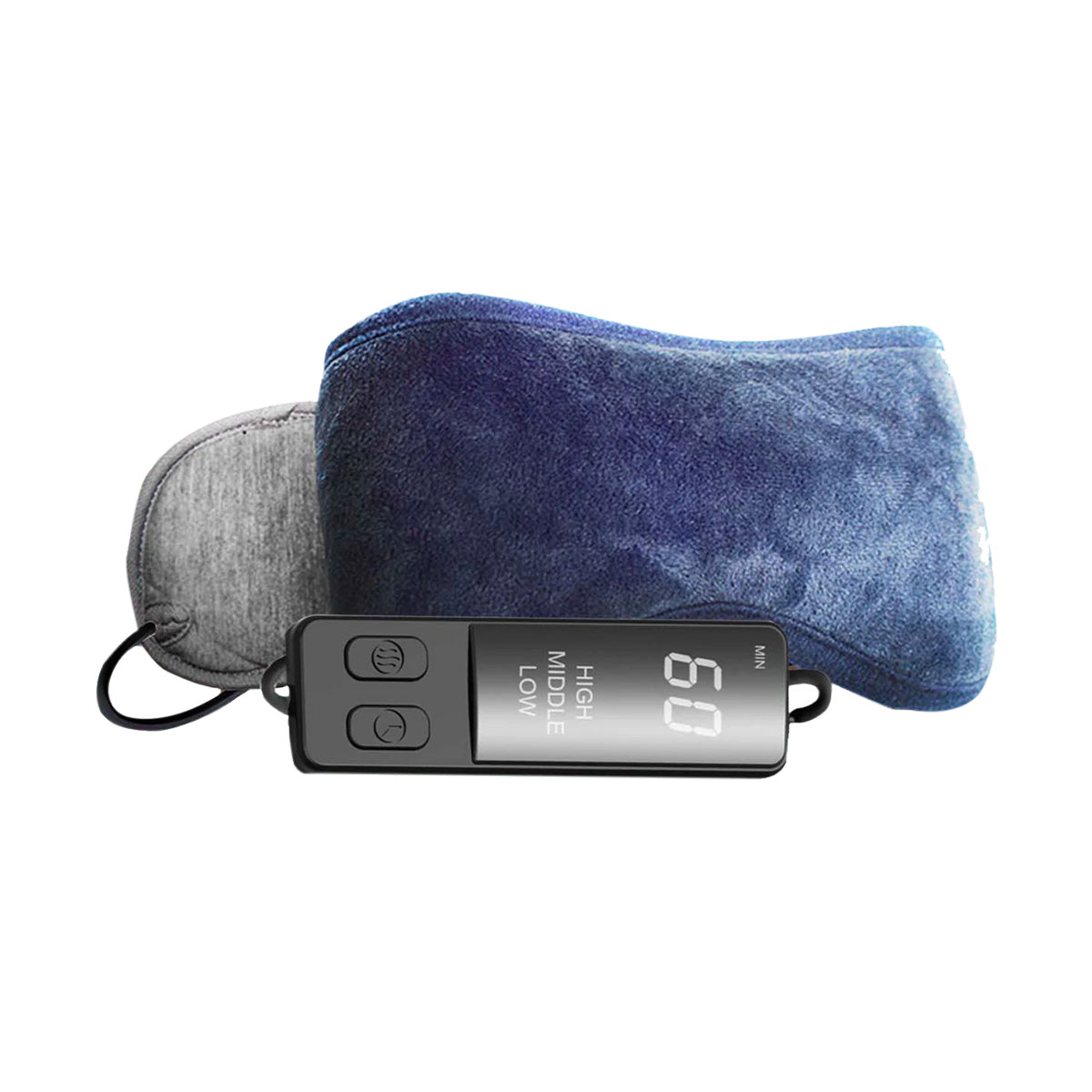 Experience soothing relief for dry eyes with the MiBo USB Heating Pad by MiBo Medical. This blue and gray mask includes a digital controller set at 60, offering infrared heat with High, Middle, and Low settings for personalized comfort.