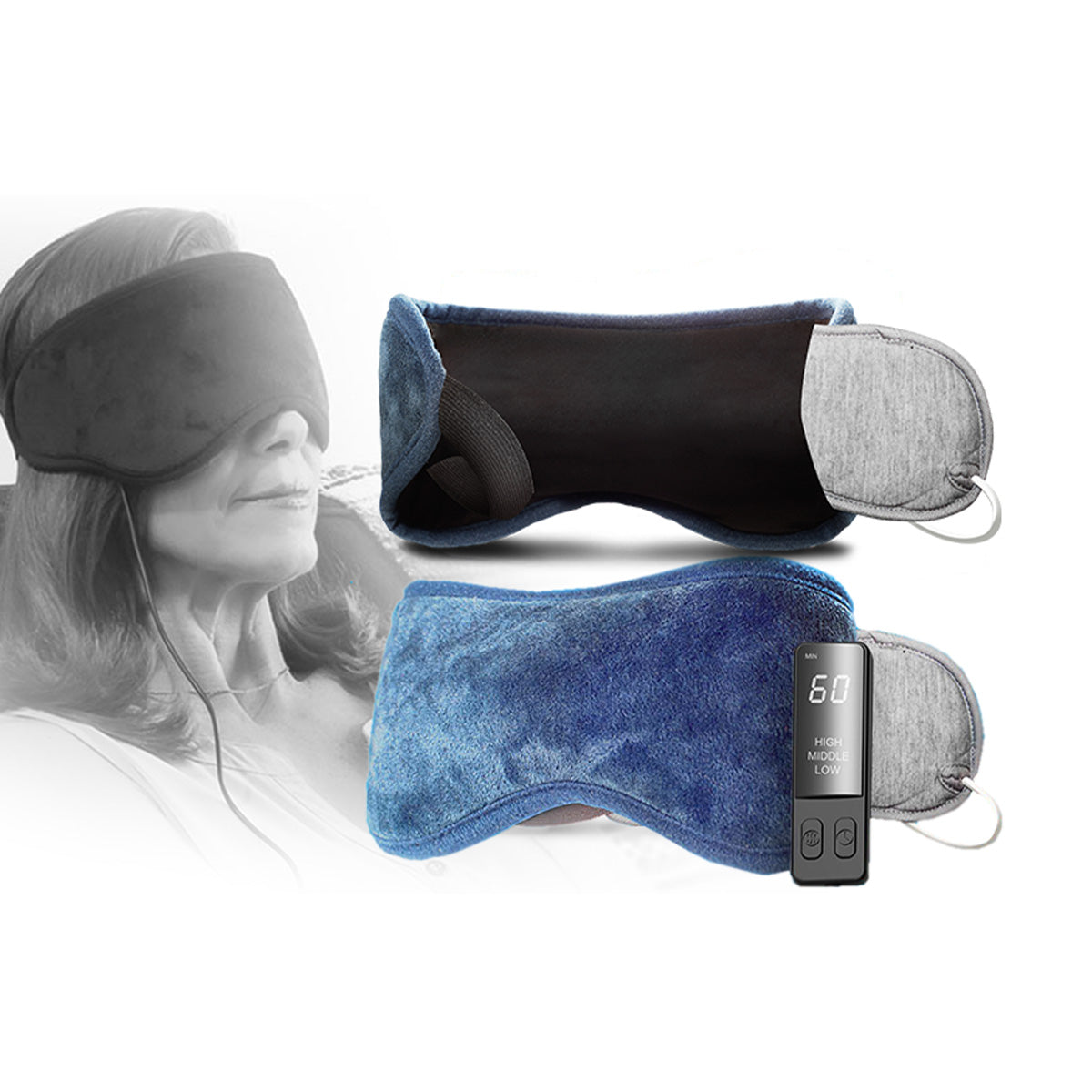 Two MiBo USB Heating Pads with infrared heat offer eye relief; they include blue and gray sleep masks with straps and a digital remote for settings. A black-and-white image in the background shows someone using the mask.