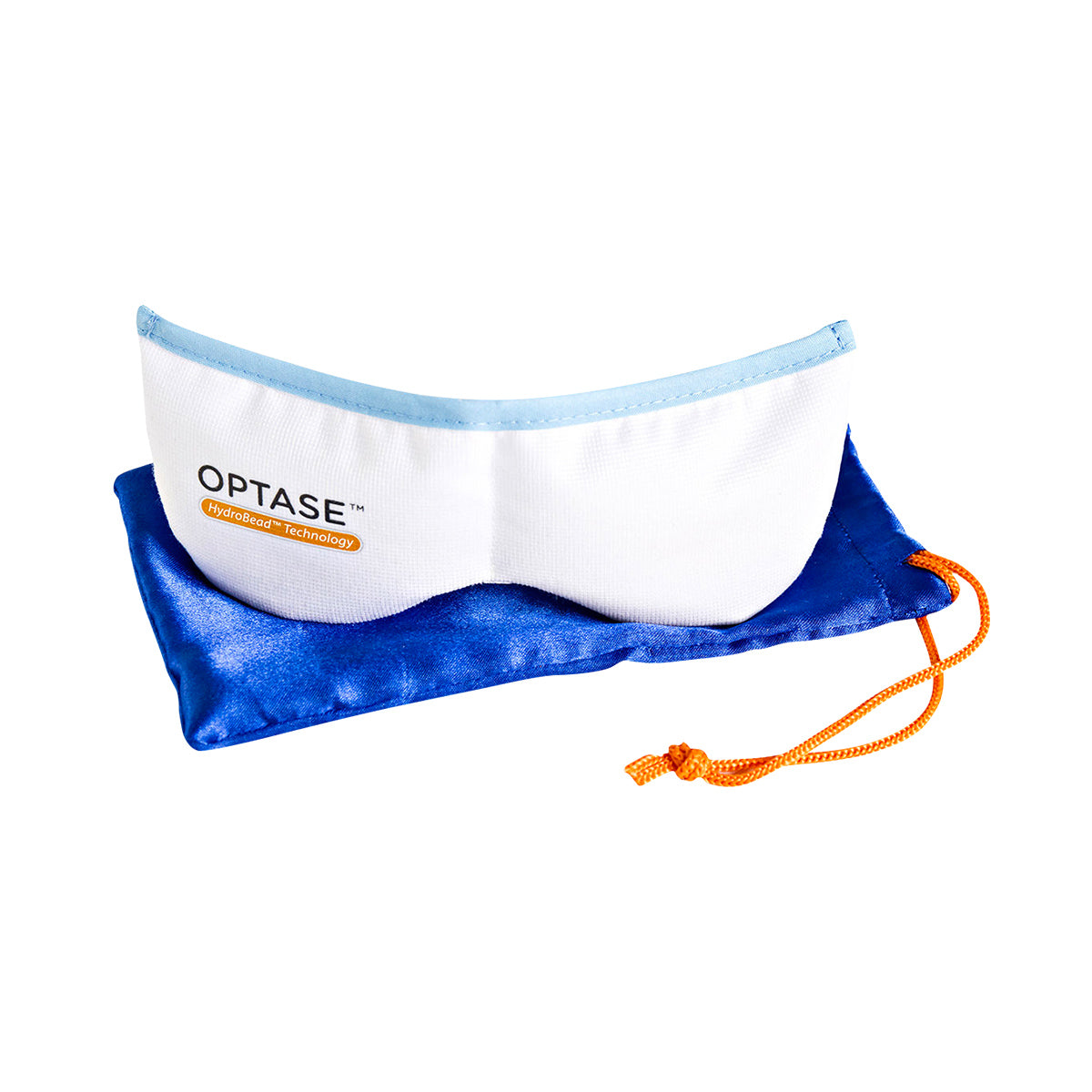 The Optase Moist Heat Dry Eye Mask, featuring ThermoBeads Technology, has a white design with a light blue trim. It offers dry eye relief and rests on a royal blue drawstring pouch with an orange cord. This microwavable, reusable mask is designed for comfort and convenience.