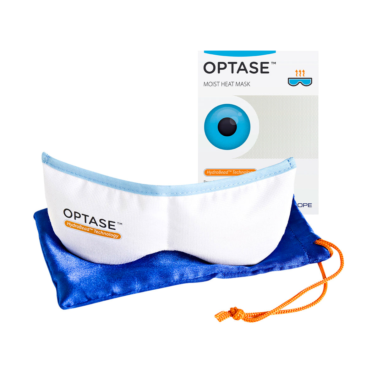 Shown is the Optase Moist Heat Dry Eye Mask, microwavable with HydroBead technology for dry eye relief. The white reusable mask has blue trim and rests on a blue drawstring bag, with packaging behind showcasing the Optase logo and an eye graphic.