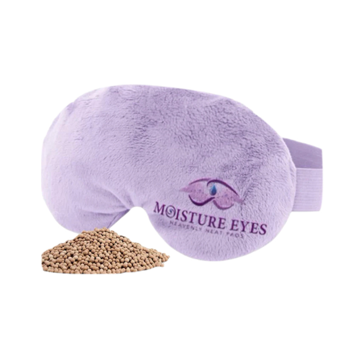 The Dry Eye Guys Moisture Eyes Heavenly Heat Pads, a lavender plush eye mask with embroidered eyes and Moisture Eyes text, promises relief from eye discomfort using natural clay bead technology for better sleep. It is shown beside beige granules on a white background.