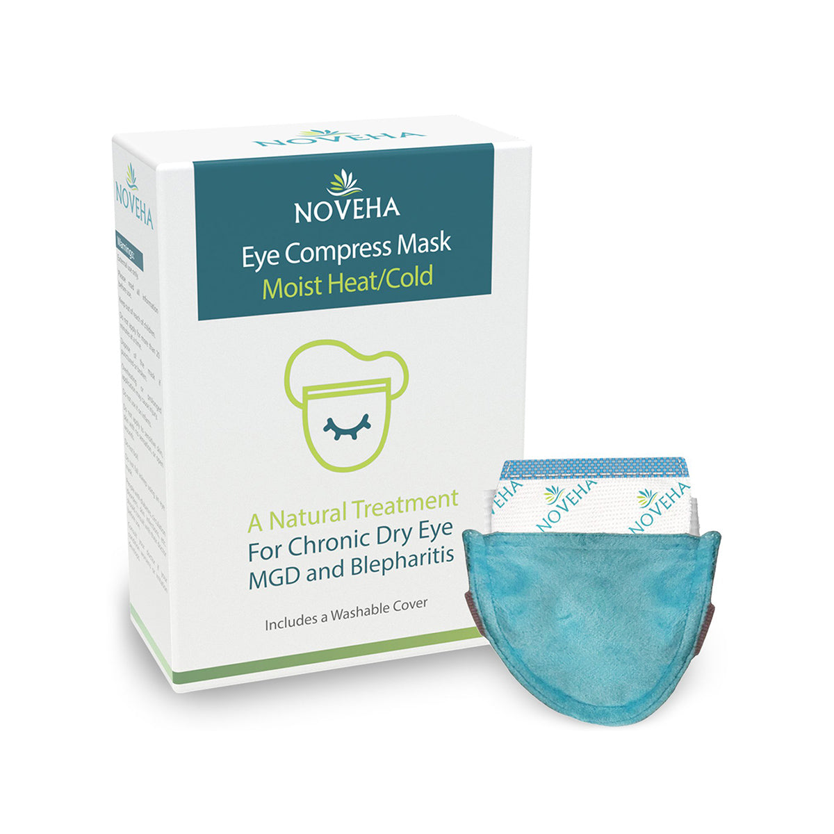 A white box labeled Noveha Dry Eye Mask with Washable Cover, Microwavable (Single-Eye) accompanies a blue compress mask with green trim. The packaging promotes natural treatment for chronic dry eye, MGD, and blepharitis with hydro-heat technology.