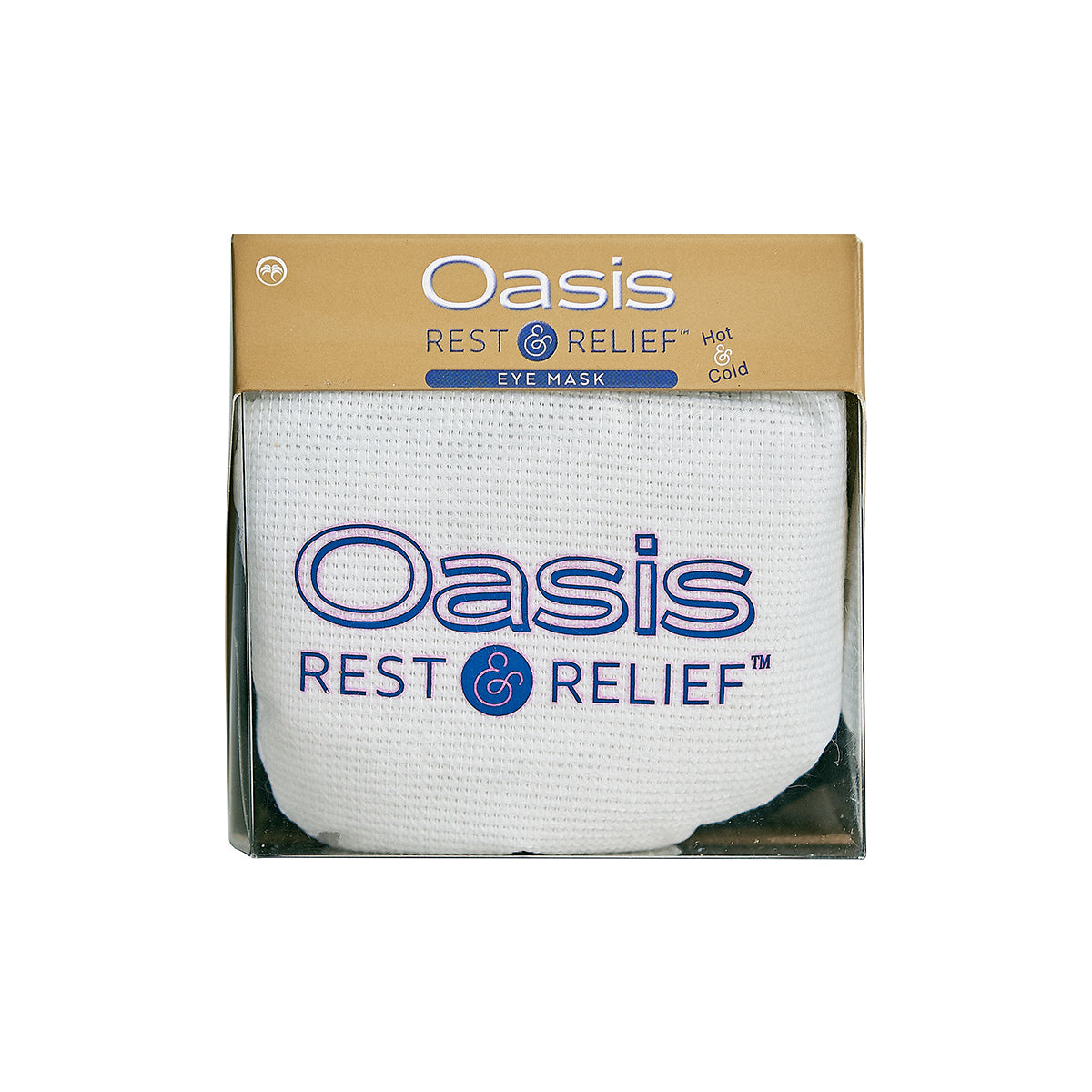 The Oasis Hot & Cold Dry Eye & Allergy Mask by Oasis Medical features a white textured surface with blue text, visible through its transparent packaging. Ideal for sinus pressure relief, its designed for both hot and cold use.