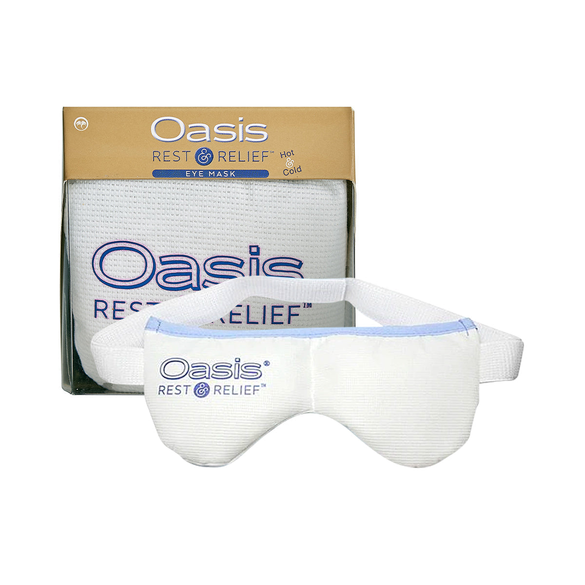 A white eye mask named Oasis Hot & Cold Dry Eye & Allergy Mask by Oasis Medical is shown before its packaging. Crafted for sinus relief, it features a soft touch and an adjustable strap for custom hot and cold therapy. The packaging highlights the products name and purpose.