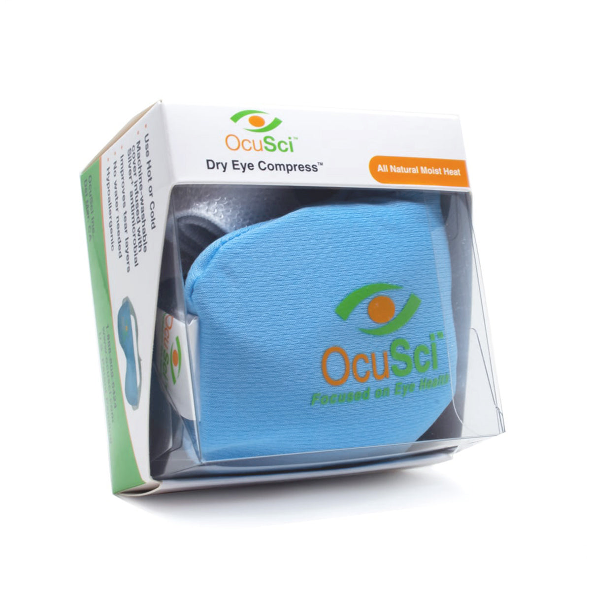 The OcuSci Premium Heat & Cold Mask, featuring a blue fabric cover and HydroBlock coating, is visible in the packages clear section. The box displays the brand name and All Natural Moist Heat. This microwavable, anti-microbial mask is designed with a washable cover.