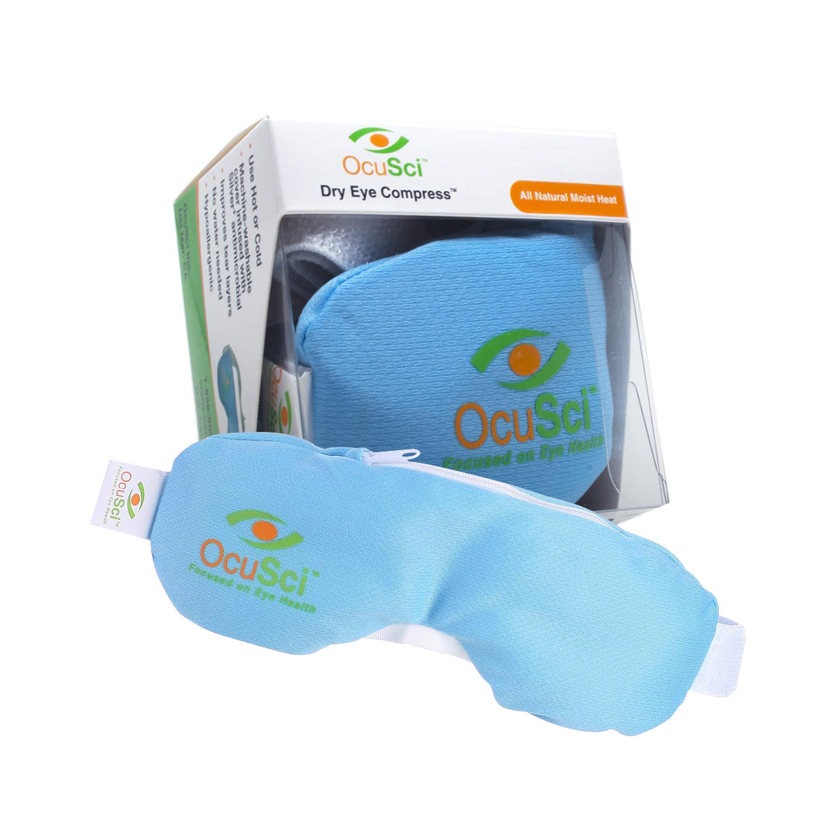 The OcuSci Premium Heat & Cold Mask, a blue microwavable eye compress with the OcuSci logo, features an anti-microbial, washable cover and HydroBlock coating. Packaged as Dry Eye Compress and All Natural Moist Heat, it delivers moist heat therapy to soothe dry eyes.