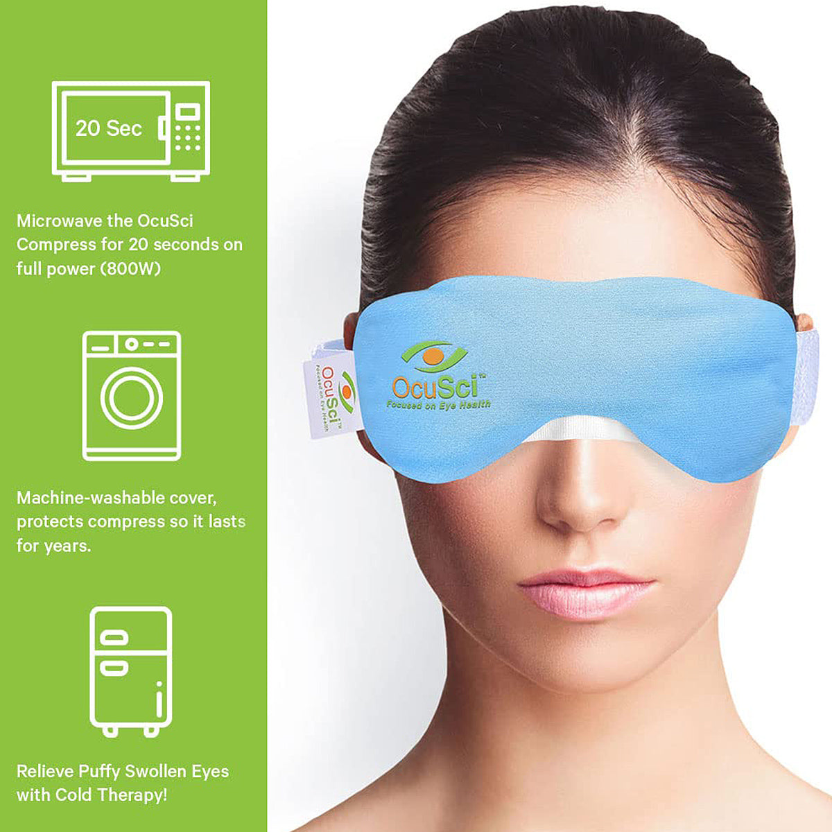 A woman wears the OcuSci Premium Heat & Cold Mask with HydroBlock, featuring the logo. Microwave for 20 seconds and use the washable, antimicrobial cover to relieve puffy eyes with cold therapy. Icons for each step are shown on the left.