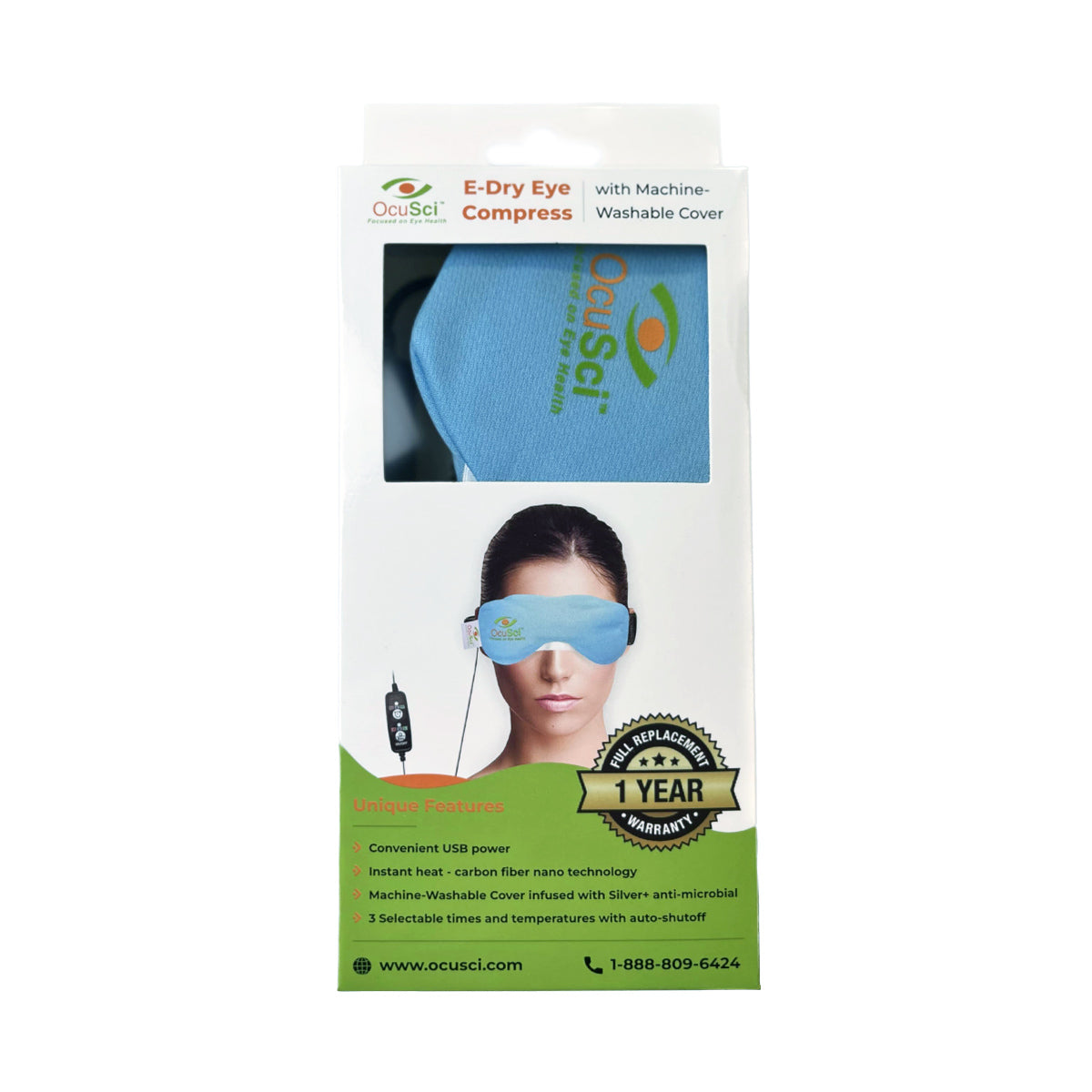 The packaging of the OcuSci E-Compress USB Eye Heat Mask showcases a blue mask with logo, emphasizing therapeutic heat for dry eye relief. It features a washable cover, carbon fiber heating with 3 temperatures, USB power, and includes a 1-year warranty and contact details on the bottom.