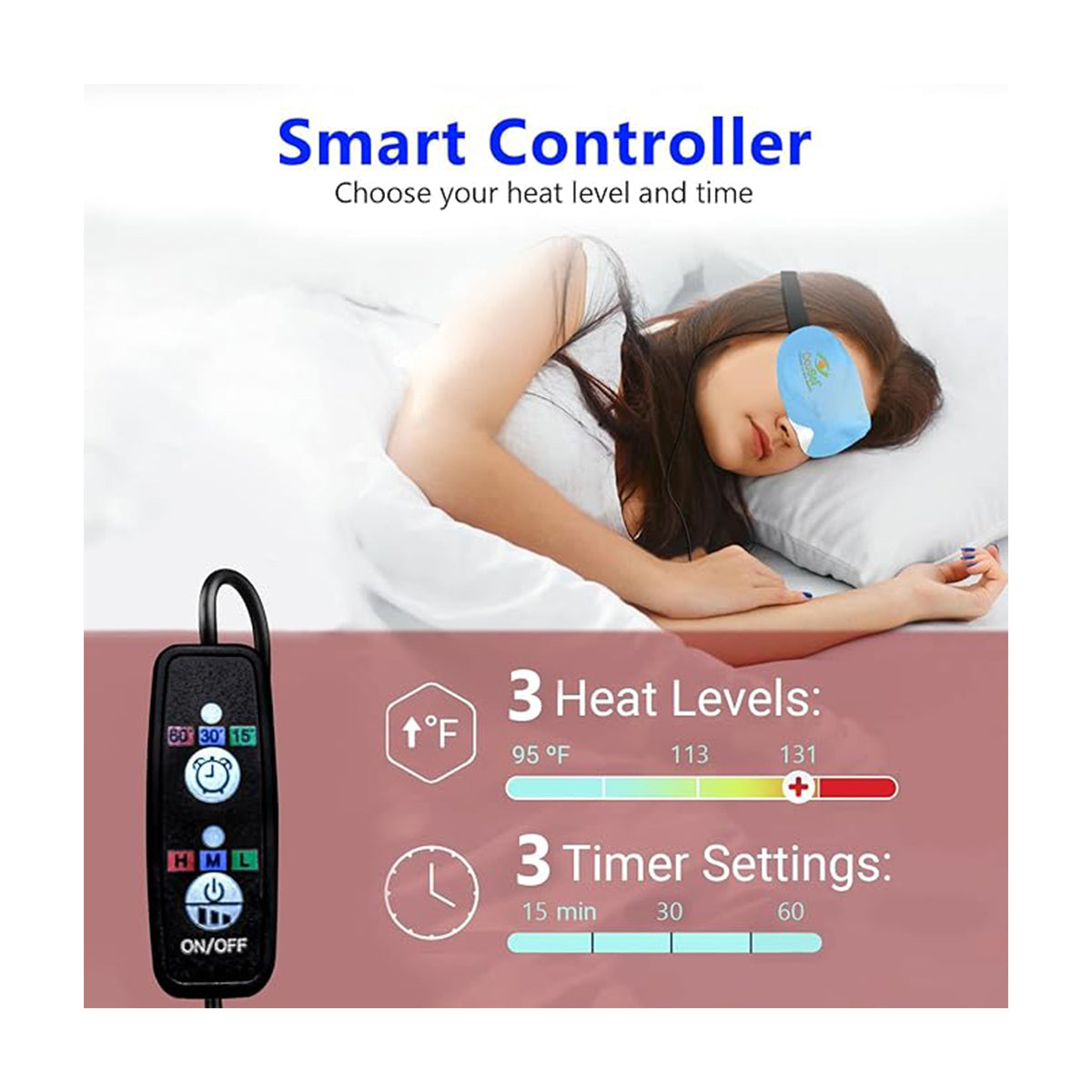 A woman sleeps peacefully with an OcuSci E-Compress USB Eye Heat Mask, featuring 3 heat levels (95°F, 113°F, 131°F) for dry eye relief and customizable timers. It has washable covers and easy power and setting buttons.