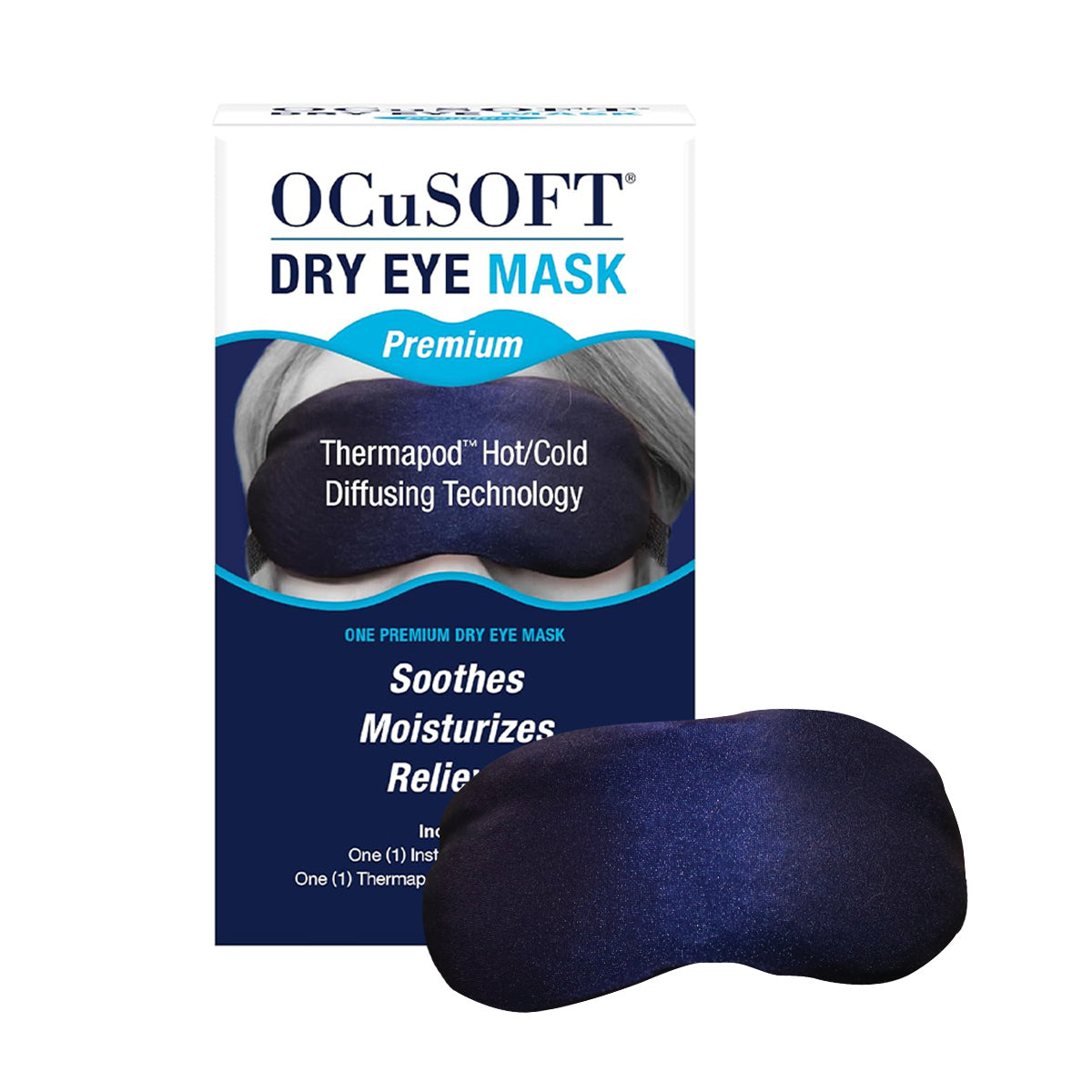 An image of the OCuSOFT Premium Eye Mask package showing the mask, with mentions of Thermapod Hot/Cold Diffusing Technology, Soothes, Moisturizes, and Relieves. This dark blue, oval-shaped mask uses moist-heat therapy for soothing relief.