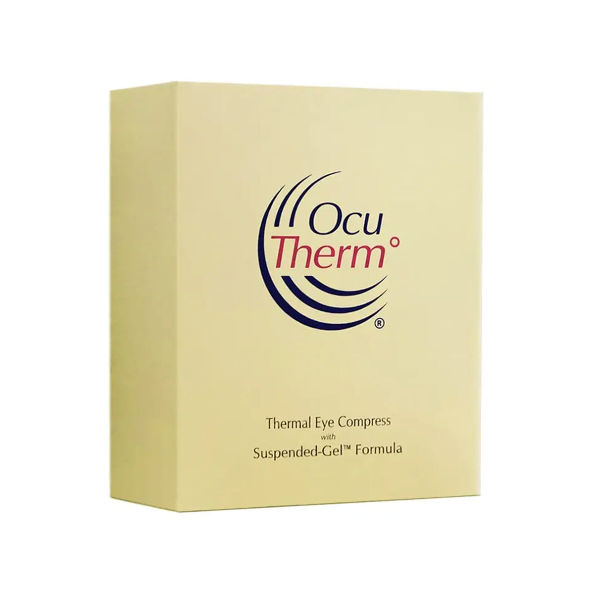 A cream-colored box with the OcuTherm® logo in blue and red displays OcuTherm Heat and Cold Gel Mask Eye Relief (Mask + Gel Pack) featuring a Suspended-Gel™ Formula for effective thermal therapy.