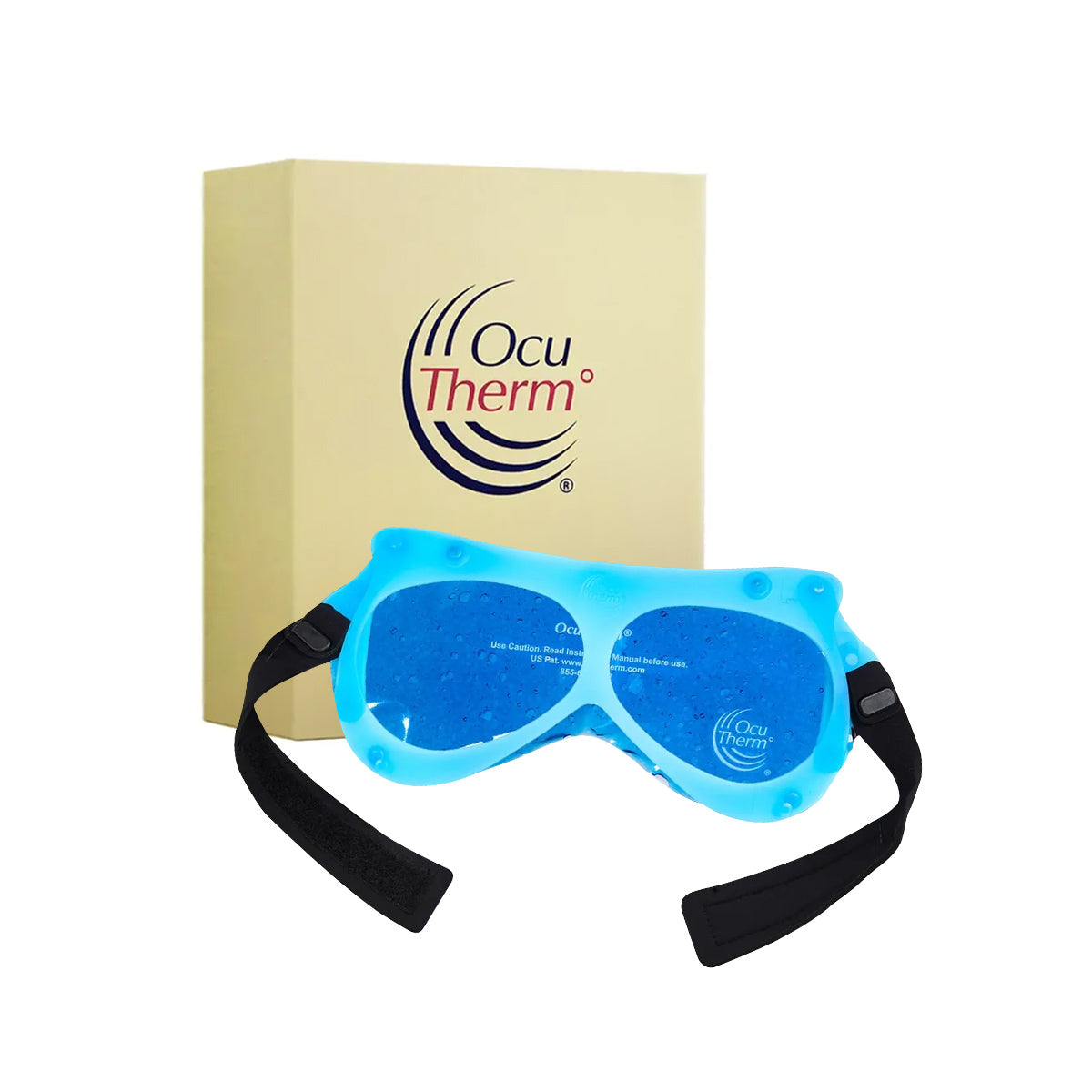 The OcuTherm Heat and Cold Gel Mask Eye Relief, by OcuTherm, is shown before a beige box with the logo. It includes black adjustable straps for a perfect fit and is designed for therapeutic use.