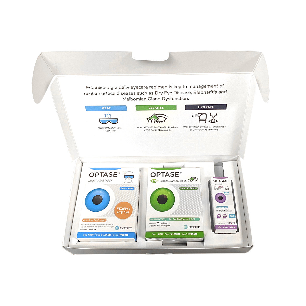 Open white box with Optase DryEye Kit (A), featuring a heat mask, cleansing wipes, and intense eye drops. The inside lid provides step-by-step Moist Heat Therapy instructions and icons for eyelid hygiene.