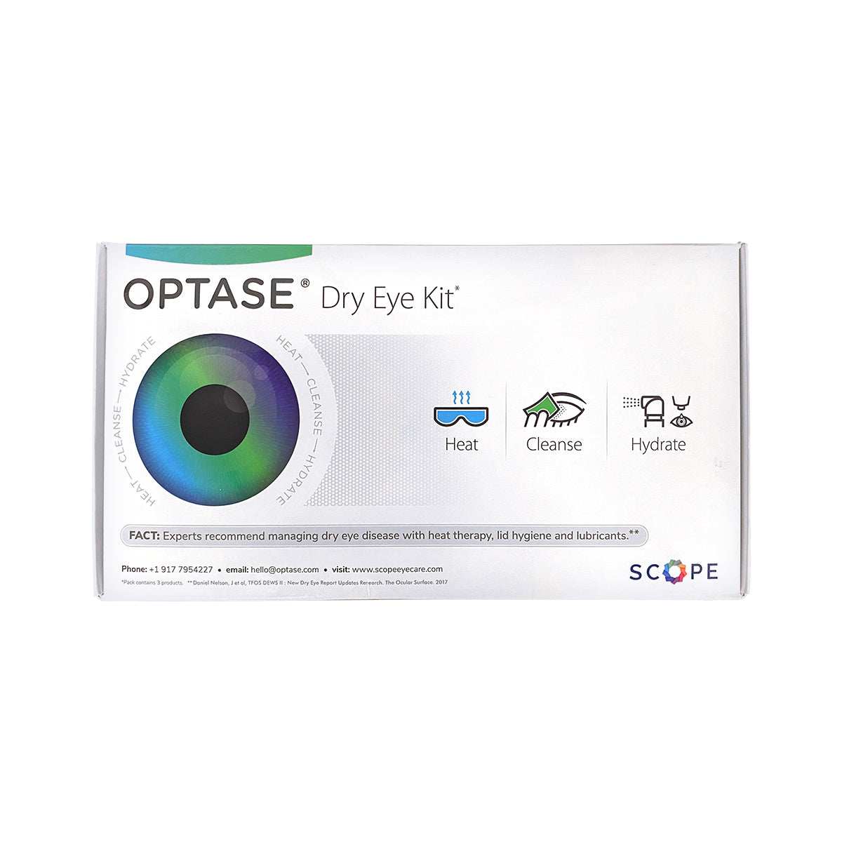 The Optase DryEye Kit (C) Heat Mask, Cleaning Gel, and Intense Drops packaging highlights the Optase brand and product information. Icons show steps: Heat, Cleanse, Hydrate for eyelid hygiene and dry eye relief. Moist heat therapy is stressed. Contact info and website are listed at the bottom.