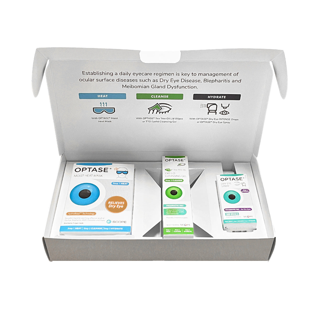 The white box displays Optase DryEye Kit (C), featuring a Heat Mask for Moist Heat Therapy, Cleaning Gel for Eyelid Hygiene, and Intense Drops for Dry Eye Relief. The lid states: Establishing a daily eyecare regimen is key to the management of ocular surface diseases.