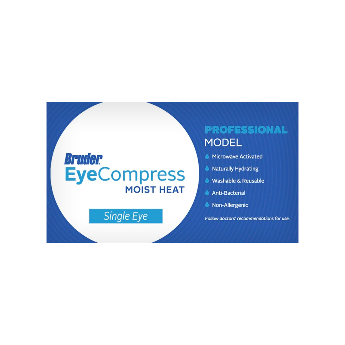 The Bruder Moist Heat Eye Compress – Single Eye, in blue and white packaging labeled as Professional Model, offers dry eye treatment. Microwave activated, it provides naturally hydrating, washable, antibacterial relief. Its non-allergenic and effective for stye relief.