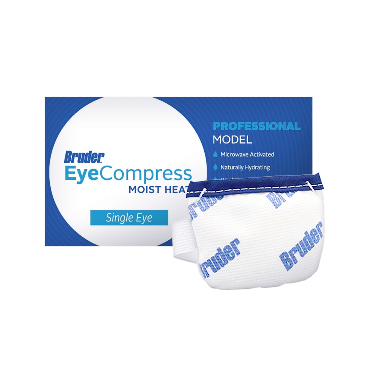 Blue and white box with Bruder Moist Heat Eye Compress – Single Eye; labeled Professional Model and Microwave Activated. The white compress features Bruder in blue and includes an elastic strap for comfort, ideal for stye relief and dry eye treatment.