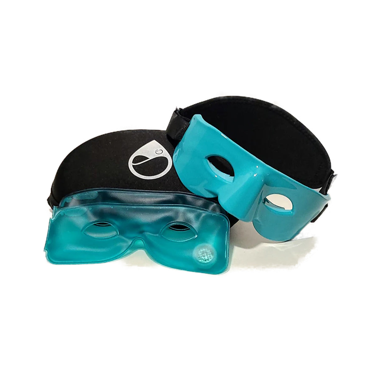 Two TearRestore Basic masks, each with blue gel and black elastic straps: one flat, one propped up. Designed for relaxation and therapeutic purposes, they have eye holes for convenience. Ideal for soothing dry eyes or Meibomian Gland Dysfunction relief. Comes with two reusable heat packs.