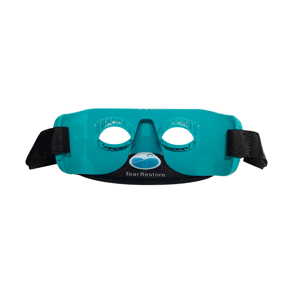 The TearRestore Basic mask, in teal with black adjustable straps and two openings, features the TearRestore logo with a teardrop icon. It is designed for dry eye relief and comfort, especially for Meibomian Gland Dysfunction sufferers, and includes 2 reusable heat packs.