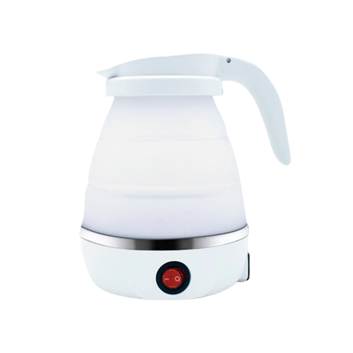 The TearRestore Reactivation Kettle by TearRestore is a collapsible white electric kettle with a sleek design and ergonomic handle. It features one-touch activation, a stainless steel band on the base, and a red power button against its clean white background.