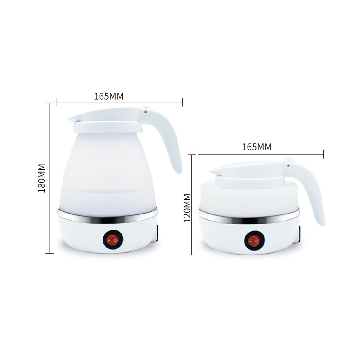 Two white TearRestore Reactivation Kettles, one folded at 120mm and one unfolded at 180mm, highlight their compact design with both featuring a convenient handle and red power button for easy operation.