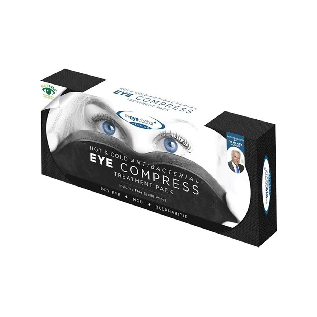 The packaging of The Eye Doctor Featuring Sterileyes showcases an image of a person using the antibacterial hot eye compress, highlighting its benefits for Dry Eye Disease, MGD, and blepharitis relief.