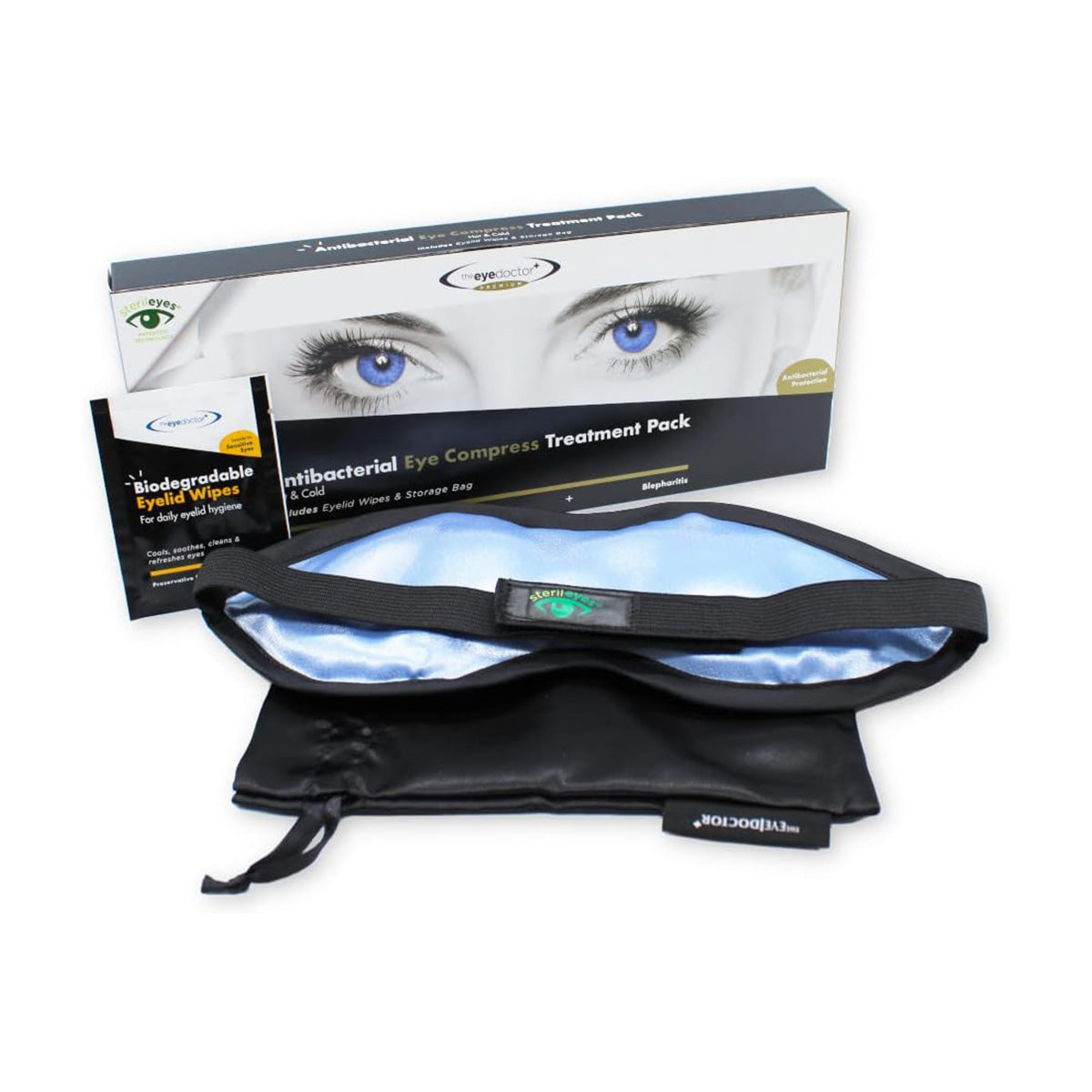 The Eye Doctors product image displays their antibacterial hot eye compress pack for Dry Eye, Blepharitis, and MGD. It includes a black and blue compress, a box with an eye image, and mentions biodegradable eyelid wipes.