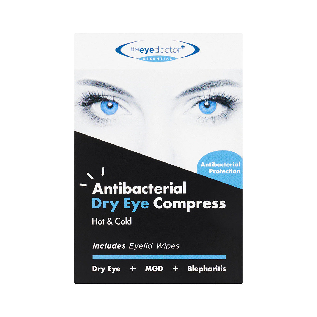 The Eye Doctor Essential Eye Compress packaging features vivid blue eye imagery and highlights its antibacterial properties. It includes eyelid wipes for relief from dry eye disease, MGD, and blepharitis symptoms.