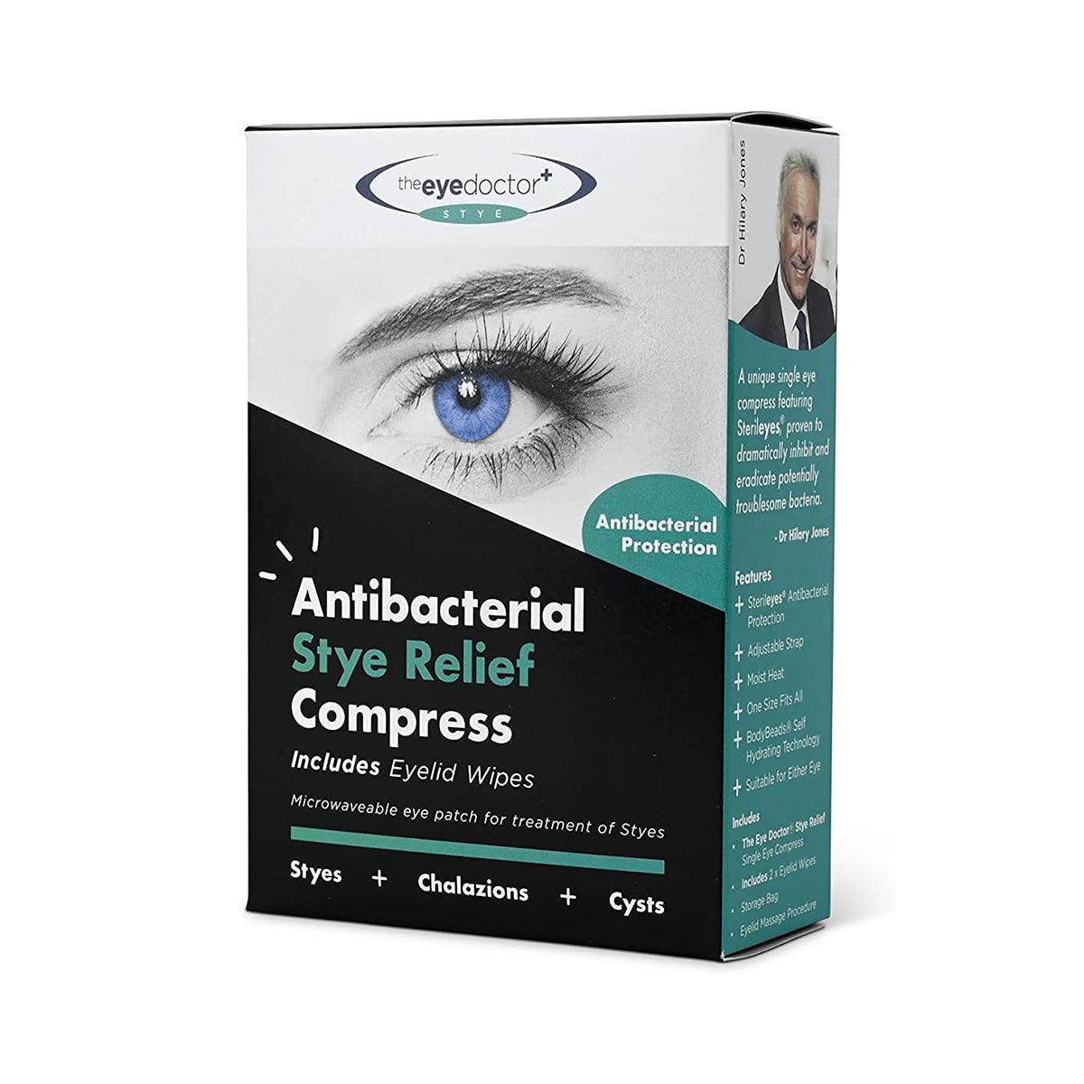 Box of The Eye Doctor Stye Relief Compress - Reusable Microwaveable Hot Eye Mask by The Eye Doctor brand features an image of an eye, lists benefits including antibacterial protection, and includes eyelid wipes for moist heat therapy. Offers relief for styes, chalazions, and cysts.