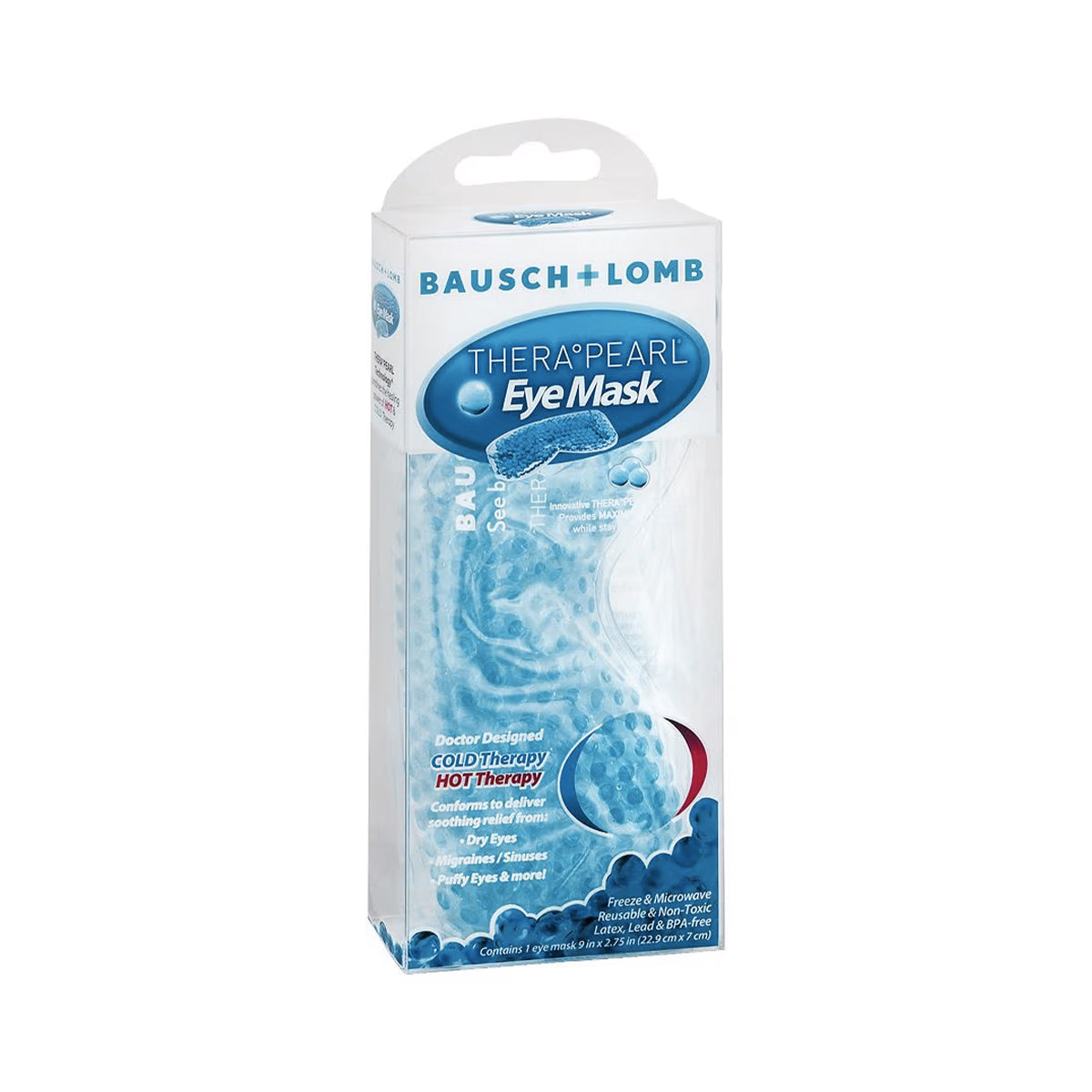 The Bausch + Lomb TheraPearl Flexible Gel Beads packaging features a sleek blue and white design, highlighting its color-changing technology for hot and cold therapy that effectively relieves dry eyes and reduces stress.