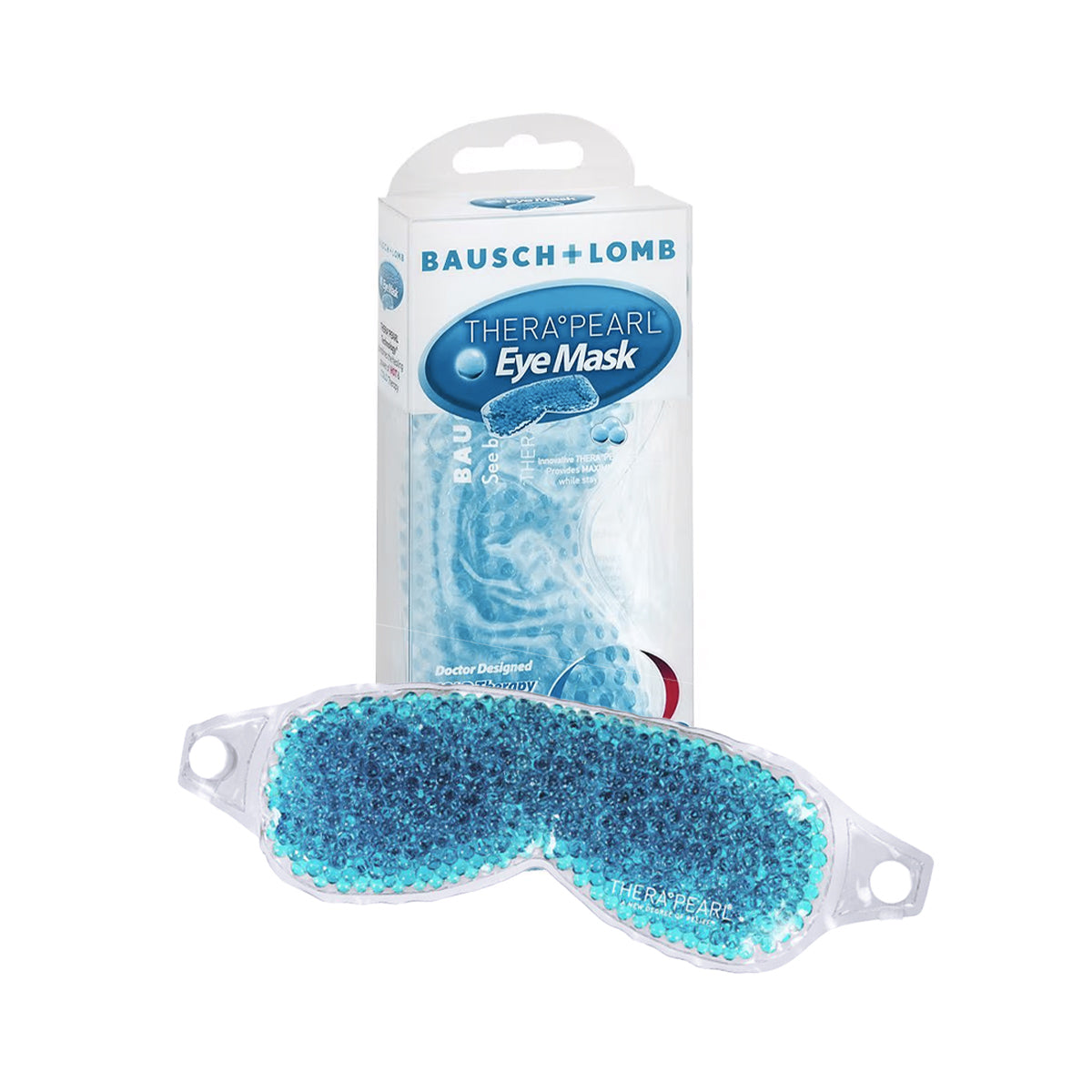 The Bausch + Lomb TheraPearl Flexible Gel Beads mask uses color-changing technology for hot and cold therapy, providing relief for dry eyes. The packaging highlights the brand with a clear image of this therapeutic mask.