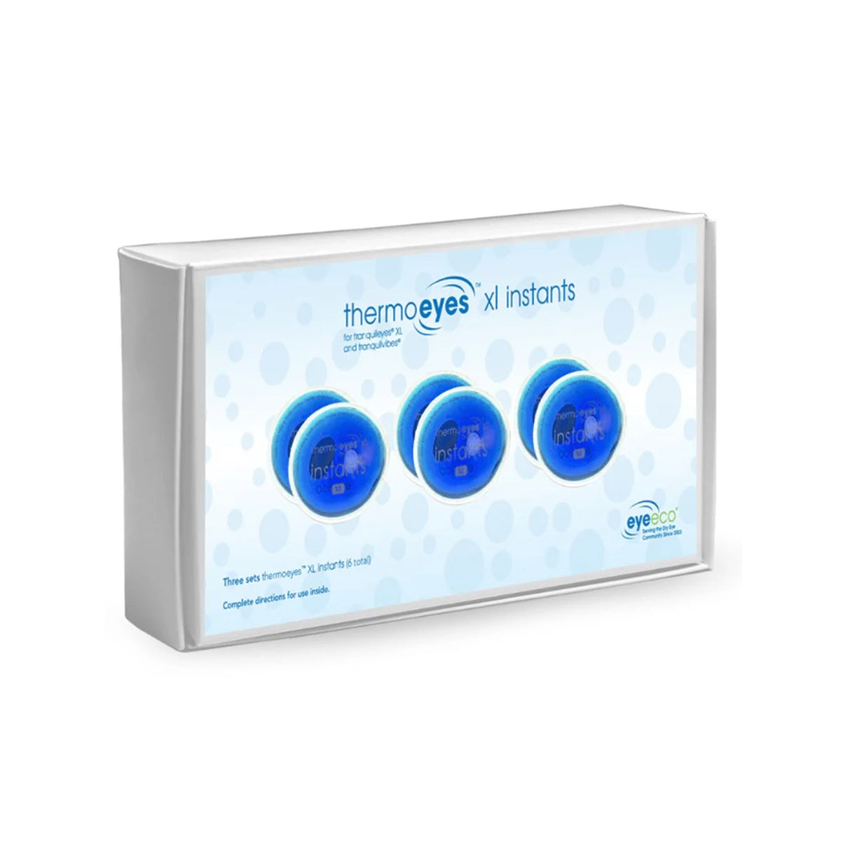 A box of Tranquileyes thermoeyes XL Instant-replacement kit by PRN features three circular blue gel packs on the front. The packaging boasts a white background with light blue dots, while the brand and product details are elegantly presented in blue text.