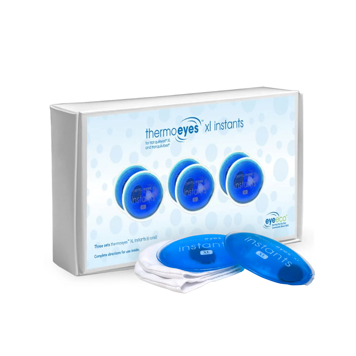 Box of PRN Tranquileyes thermoeyes XL Instant-replacement kit with calming blue gel packs and soft white cloth pockets. The packaging showcases a bubble pattern backdrop, ideal for relaxation and comfort seekers.