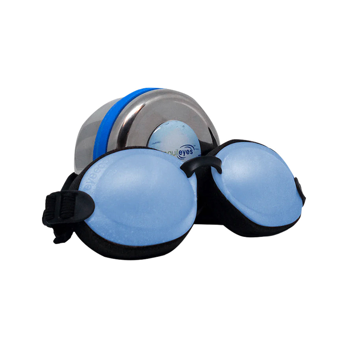 A pair of Eyeeco Tranquileyes Mini goggles by PRN, designed for ultimate comfort with a light blue hue and black straps, sit atop a two-tone swim cap with silver and blue stripes on a plain white background.