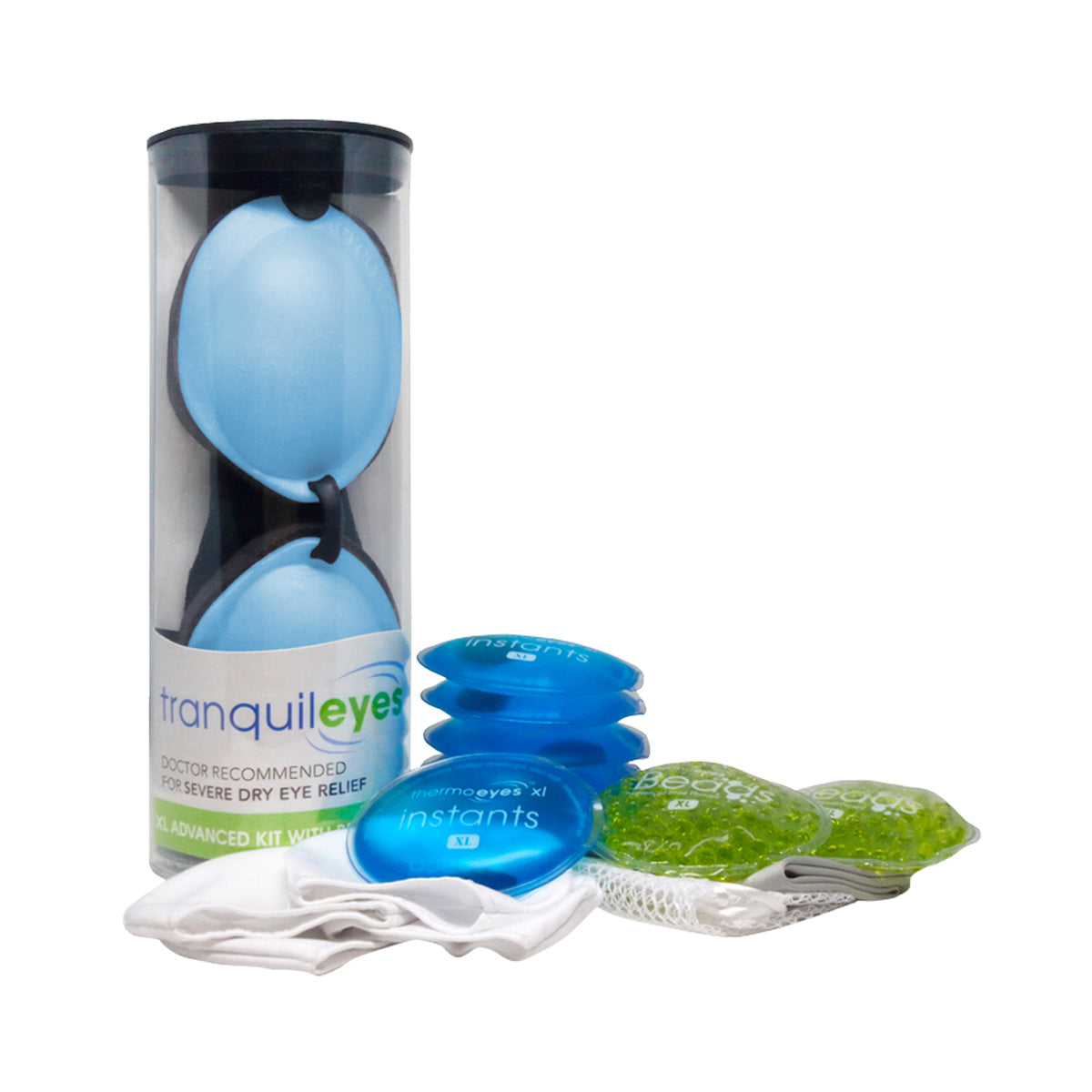 The EyeEco Tranquileyes XL by PRN features blue eye covers, two moist-heat gel inserts, two cold therapy green bead bags, and a white cloth, all in a cylindrical package promoting its effectiveness for severe dry eye and MGD relief.