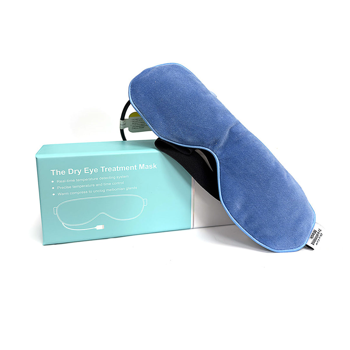 A USB Electric Eye Heat Mask rests against a teal box labeled Dry Eye Treatment Mask, featuring black straps and a white tag. This blue mask provides real-time temperature sensing and warm compress features to relieve blepharitis symptoms.