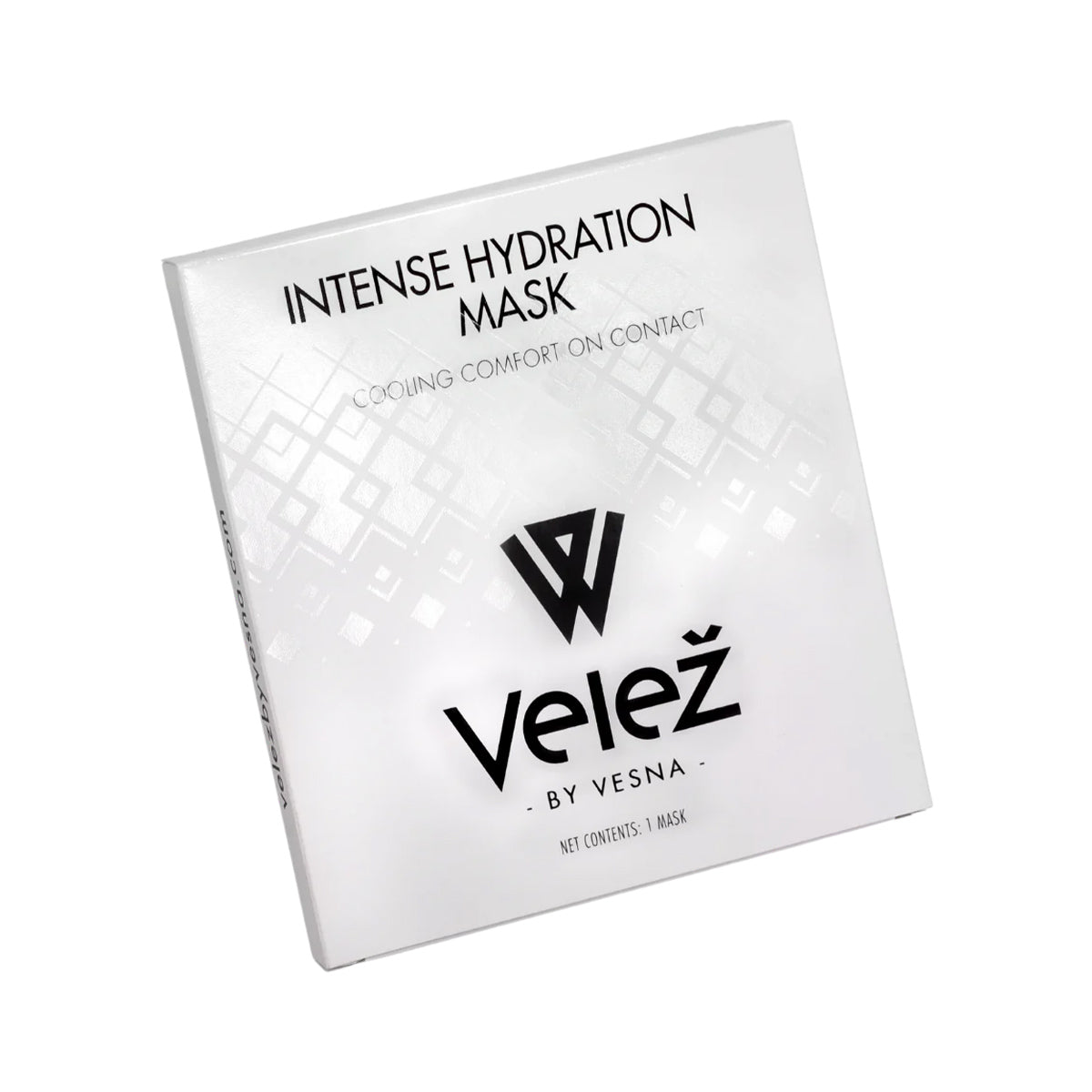 The square white box of the Velez Intense Hydration Cellulose Face Mask, marked with a stylized V logo and geometric pattern, features the brand name Velez by Vesna. It promises Cooling Comfort on Contact, focusing on hydration and skin regeneration. Contains: 1 mask.